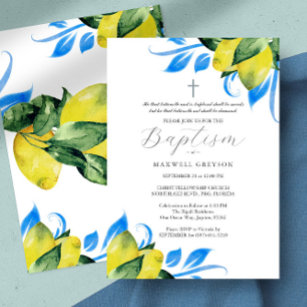 Baptism Lemon Foliage Religious Italian Blue Invitation