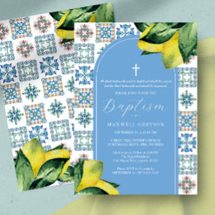 Baptism Lemon Religious Italian Blue Tile Invitation
