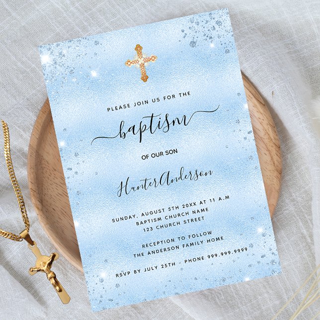 Baptism light blue baby boy glitter invitation (Creator Uploaded)