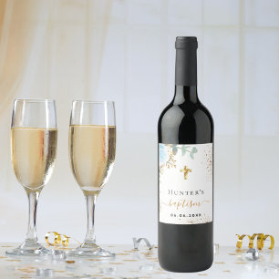 Baptism light blue floral boy name gold cross wine label