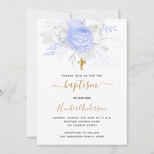 Baptism light blue florals boy elegant white invitation (Front)