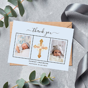 Baptism light blue photo script baby boy thank you card