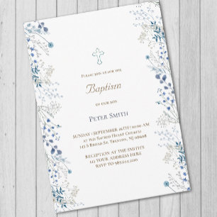 Baptism little blue watercolor flowers invitation
