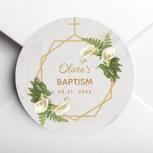 Baptism Marble Gold Calla Lilies Floral Geometric Classic Round Sticker
