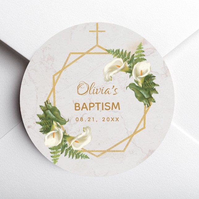 Baptism Marble Gold Calla Lilies Floral Geometric Classic Round Sticker (Creator Uploaded)