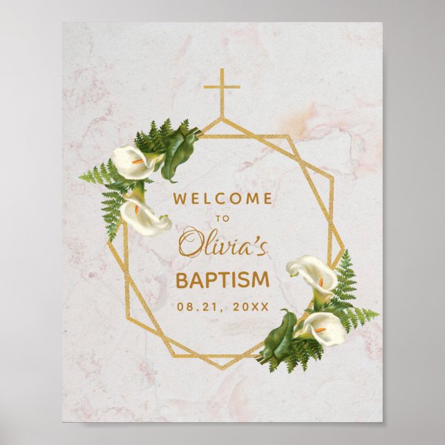 Baptism Marble Gold Calla Lilies Floral Welcome Poster (Front)