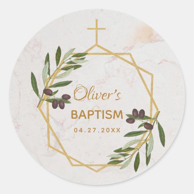 Baptism Marble Olive Branch Botanical Geometric Classic Round Sticker (Front)