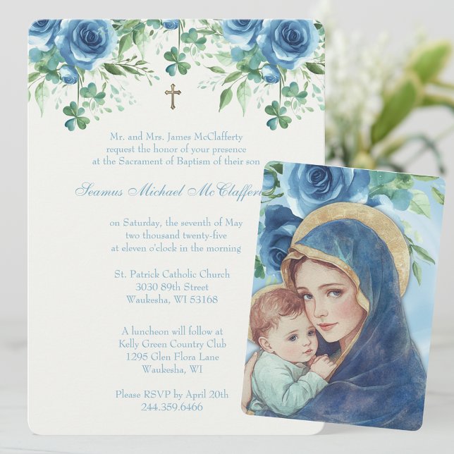  Baptism Mary Jesus Blue Floral Shamrocks  Invitation (Creator Uploaded)