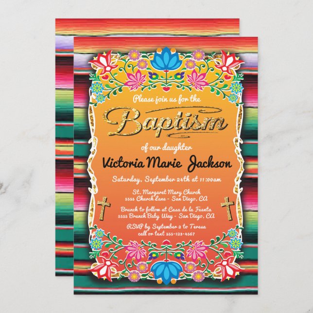 Baptism Mexican Fiesta Party Gold Glitter cross Invitation (Front/Back)