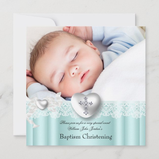 Baptism Mint Blue Lace Photo Heart Cross Boy Girl Invitation (Front)