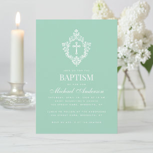 Baptism Mint Green Elegant Vintage Cross in Crest  Invitation