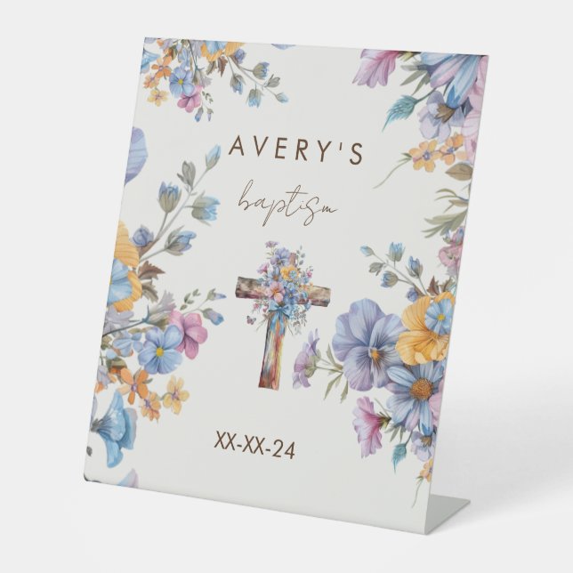 Baptism modern blue watercolor cross elegant pedestal sign (Front)