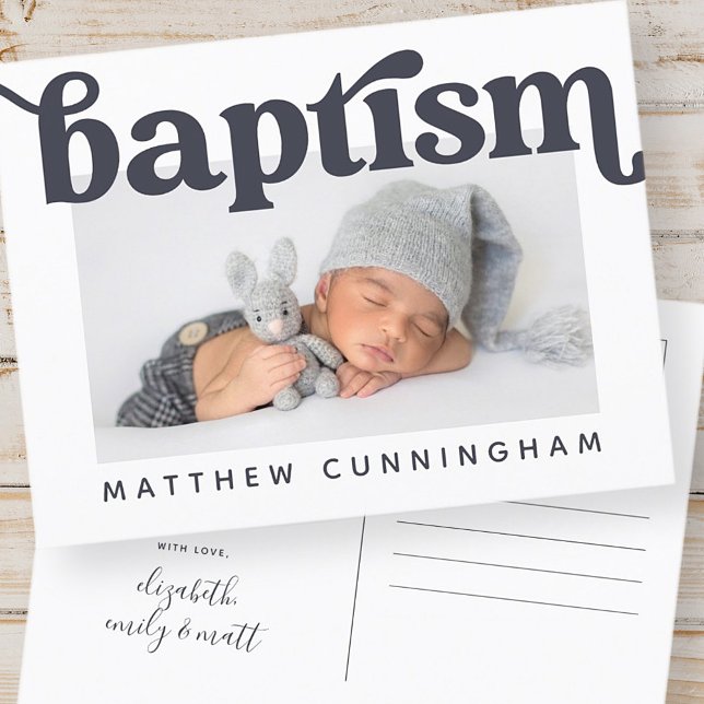 Baptism Modern Bold Simple  Photo Thank You Announcement Postcard (Creator Uploaded)