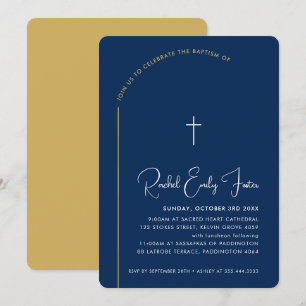 BAPTISM modern cross editable curved navy gold Invitation