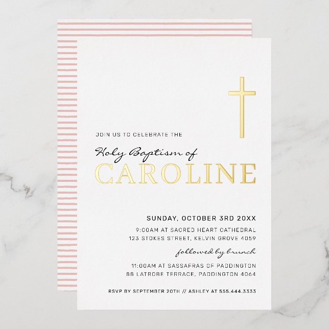 BAPTISM modern elegant cross pretty girl gold pink (Front/Back)