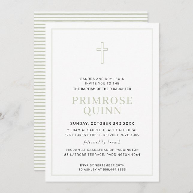 BAPTISM modern minimal cross simple sage green Invitation (Front/Back)