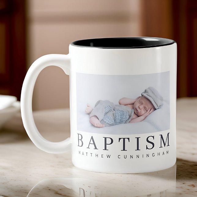 Baptism Modern Minimalist Elegant Chic Photo Two-Tone Coffee Mug (Creator Uploaded)