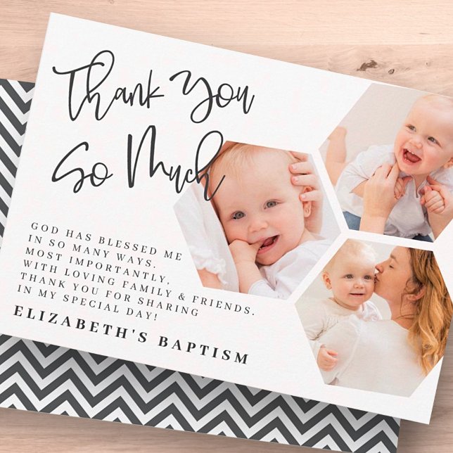 Baptism Modern Simple Chic Geometric Photos Thank You Card (Creator Uploaded)