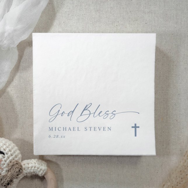 Baptism Modern Simple Dusty Blue God Bless Cross N Napkin (Elegant dusty blue baptism napkins with “God Bless” script, cross, and personalized baby's name.)