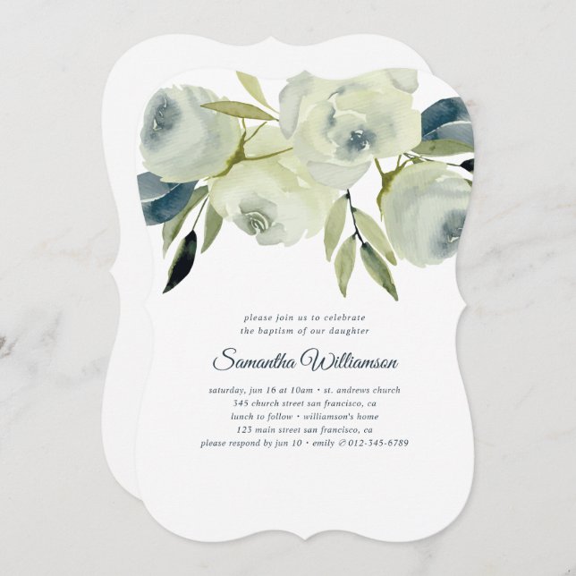 Baptism Modern Watercolor Floral Invitation (Front/Back)