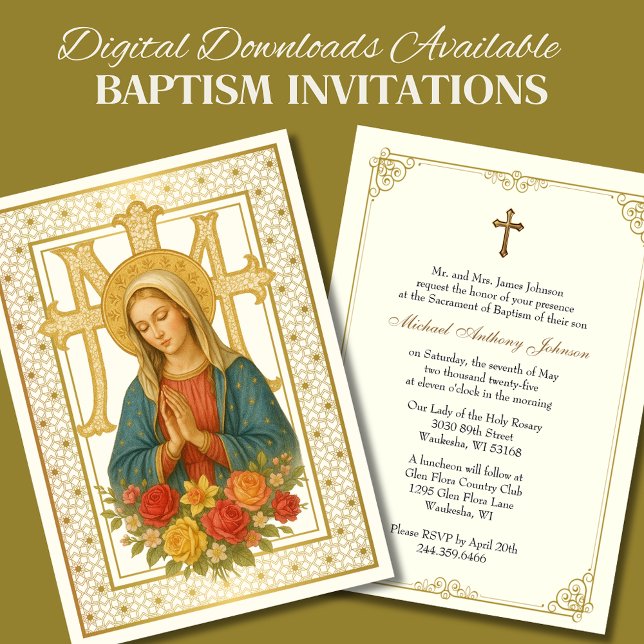 Baptism Mother Mary Roses Marian Cross Invitation (Creator Uploaded)