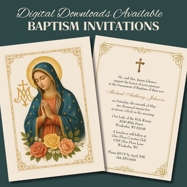 Baptism Mother Mary Roses Marian Cross Invitation (Creator Uploaded)