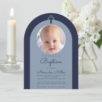 Baptism Navy Arch Boy Photo Dusty Blue Script 