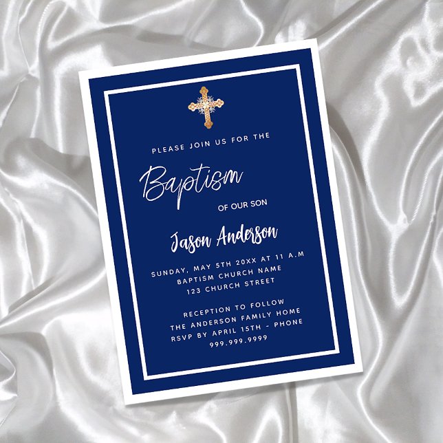 Baptism navy blue white boy gold cross invitation (Creator Uploaded)