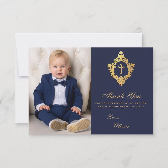 Baptism Navy Gold Cross in Crest Elegant Boy Photo Thank You Card (Front)