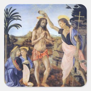 Baptism of Christ by Verrocchio, Leonardo da Vinci Square Sticker