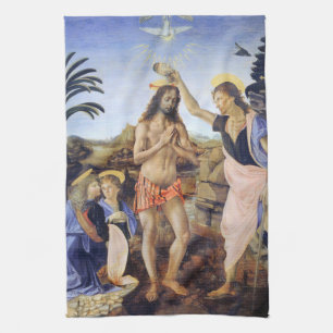 Baptism of Christ by Verrocchio, Leonardo da Vinci Tea Towel