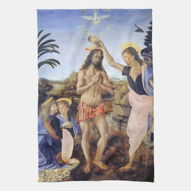 Baptism of Christ by Verrocchio, Leonardo da Vinci Tea Towel (Vertical)