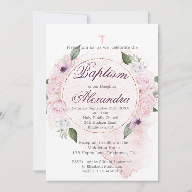 Baptism or Christening Floral Roses Wreath Invitation (Front)