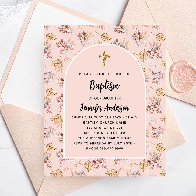 Baptism pampas florals rose budget invitation (Creator Uploaded)