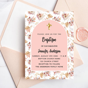 Baptism pampas flowers rose gold pink girl invitation