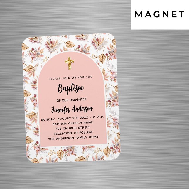 Baptism pampas flowers rose gold pink invitation magnet (Creator Uploaded)