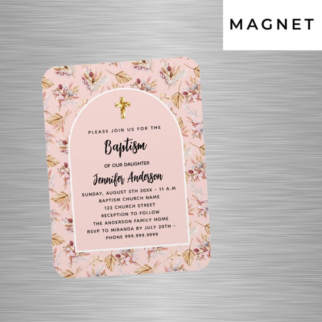 Baptism pampas flowers rose gold pink invitation magnet (Creator Uploaded)