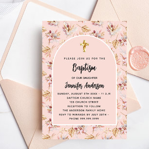 Baptism pampas flowers rose gold pink luxury invitation