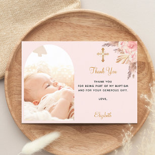 Baptism pampas grass arch photo blush pink girl thank you card