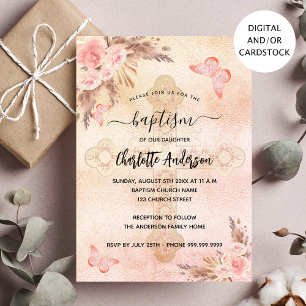 Baptism pampas grass blush butterfly floral girl invitation