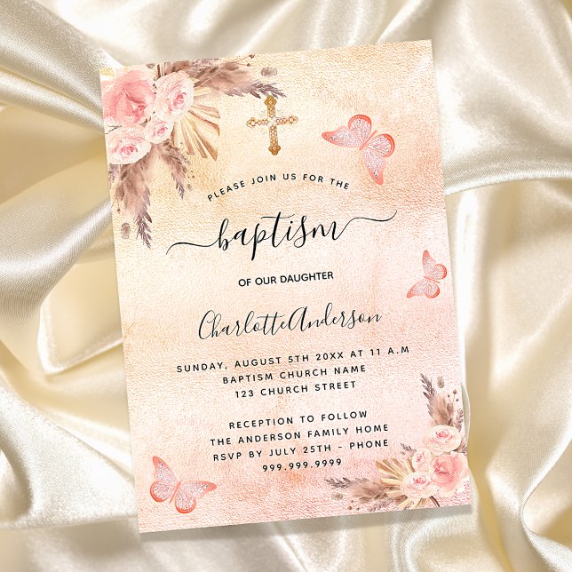 Baptism pampas grass blush butterfly flowers invitation (Creator Uploaded)