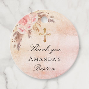 Baptism pampas grass blush cross thank you favour tags