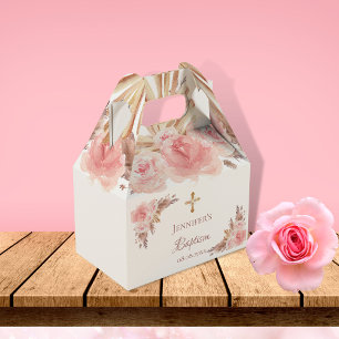 Baptism pampas grass blush floral cross favour box