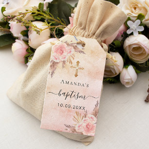 Baptism pampas grass blush rose thank you gift tags