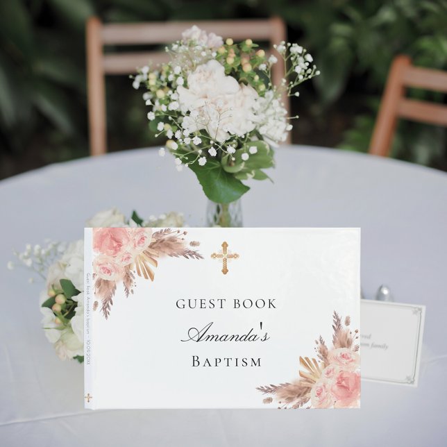 Baptism pampas grass rose gold girl cross guest book (Creator Uploaded)