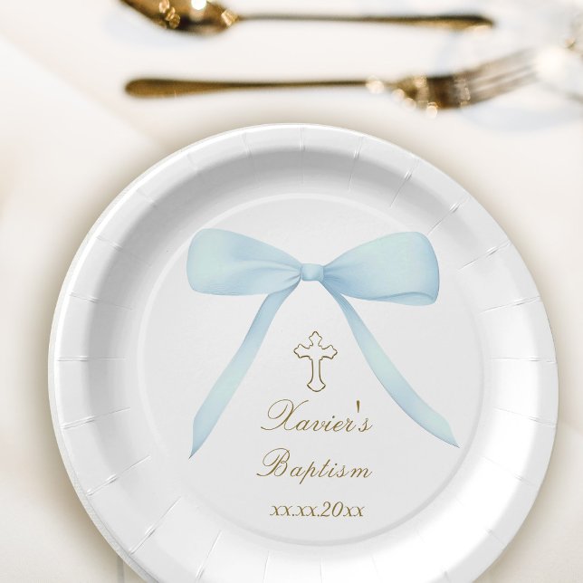 Baptism pastel blue bow paper plate (Creator Uploaded)