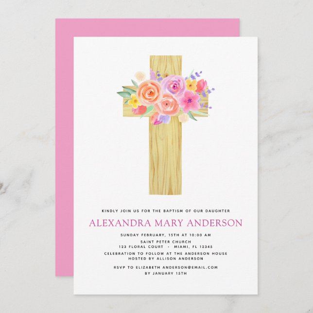 Baptism Pastel Floral Pink Rose Cross Invitation (Front/Back)