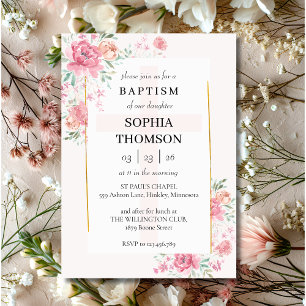 Baptism peonies floral invitation