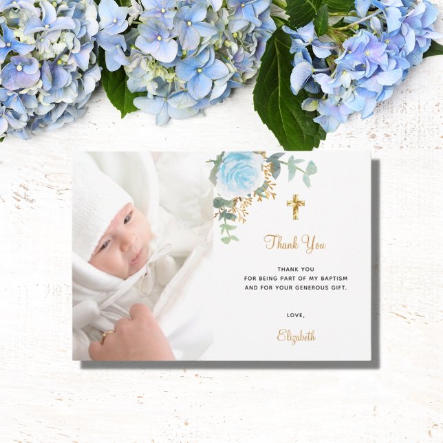 Baptism photo blue floral boy gold  thank you card (Creator Uploaded)