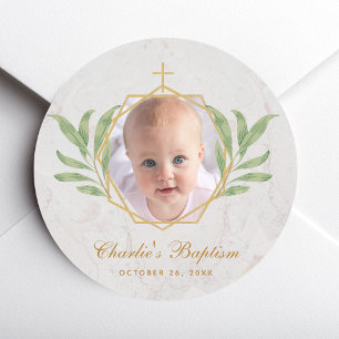 Baptism Photo Botanical Geometric Leaves Foliage  Classic Round Sticker